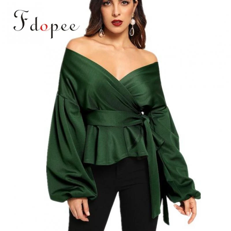 Blusas sexys de manga acampanada para mujer, camisa de cintura cerrada con nudo de mariposa y cuello en V, Color sólido, sin tirantes, blusas con hombros descubiertos, 2019|Blusas y camisas| -