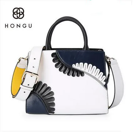 

HONGU Leather handbags 2018 new European and American fashion killer bag wide shoulder strap hit color big shoulder bag B