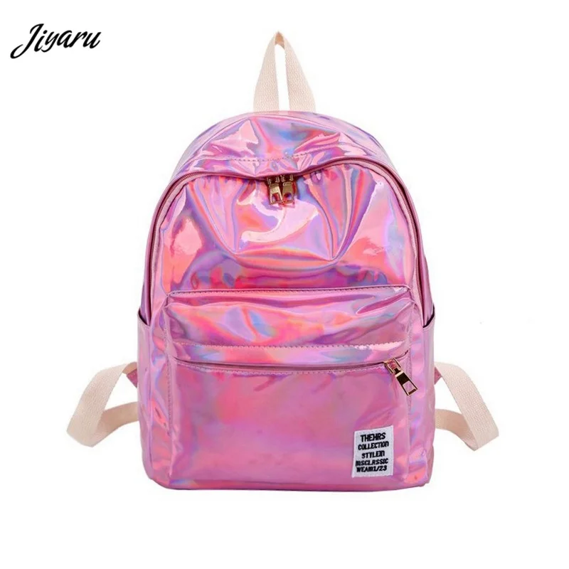 

2019 New Bright Leather Backpack Women Rucksack Simple Laser Backpack Silver Travel Rucksack for Teenage Girls Cute Bookbags