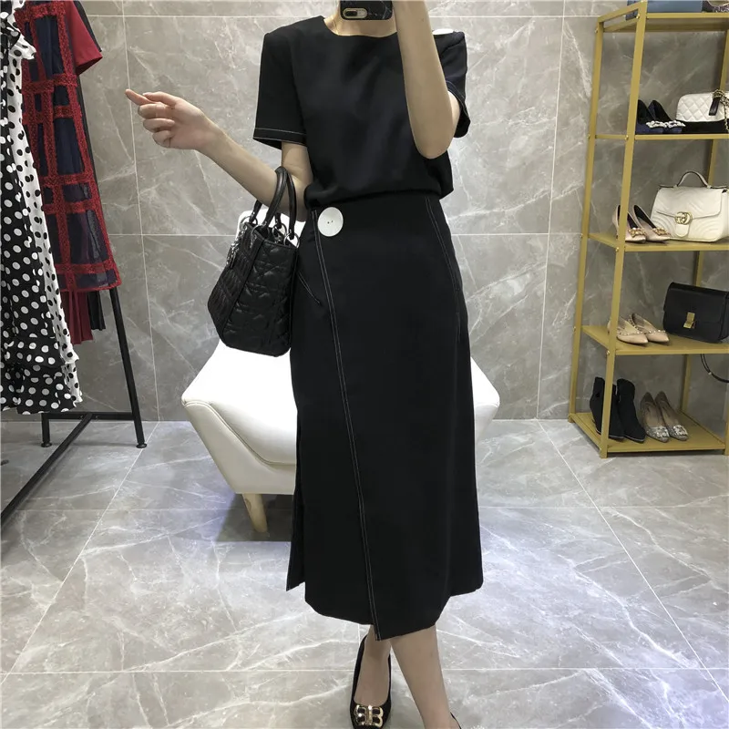 

Women brief two piece set office lady short sleeve tops and blouses + sheath sexy skirt suits new 2019 spring black
