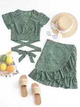 ZAFUL Floral Two Piece Set Women Boho Summer Beach Tiny Floral Wrap Crop Top Party Short Mini Overlap Ruffles Skirts 2 Piece Set floral embroidered yoke overlap back top
