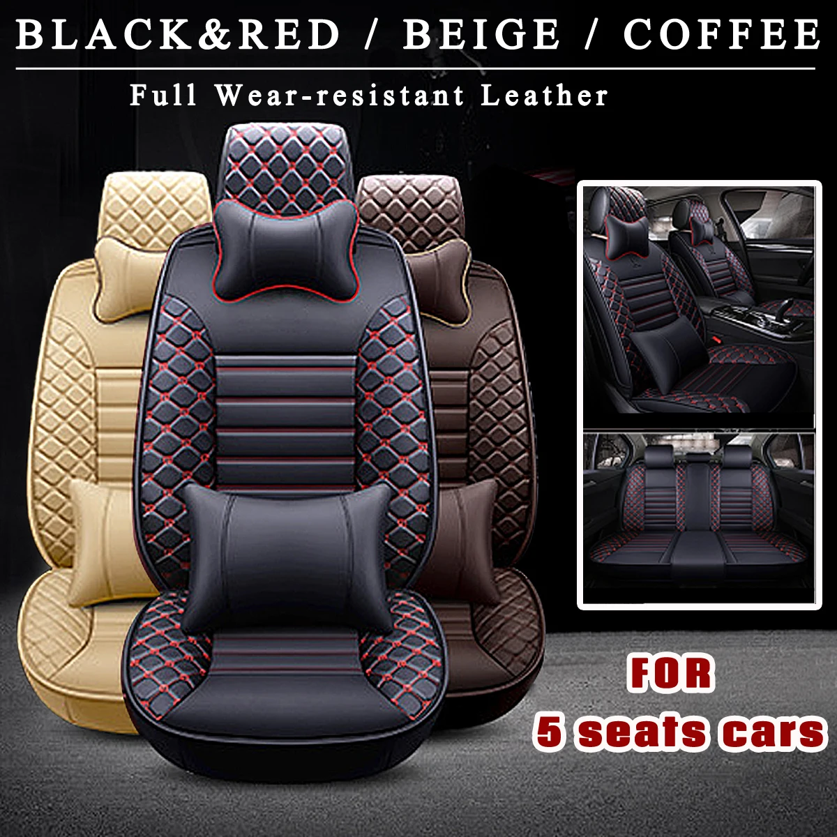 

Autoleader 9Pcs For 5 Seat Universal Auto Car Seat Covers Front Rear Head Rests Full Set Protector Four Seasons PU Leather Decor