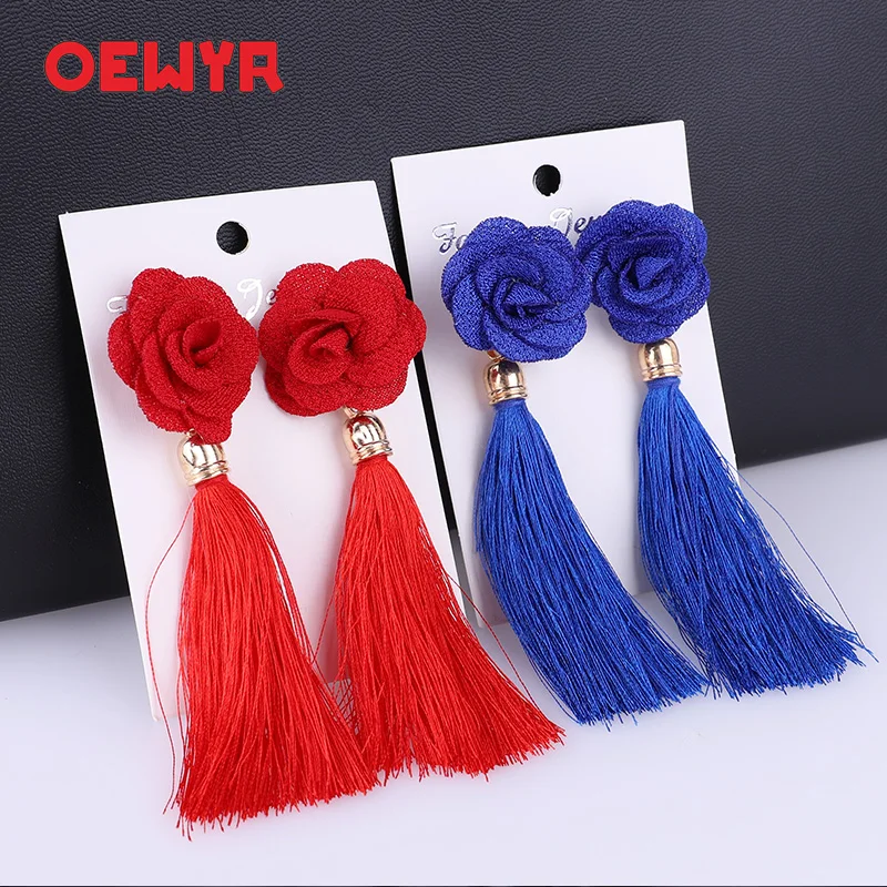 

Fashion Bohemian Tassel Crystal Long Earrings flowers White Red Silk Fabric Drop Dangle Tassel Earrings For Women 2019 Jewelry