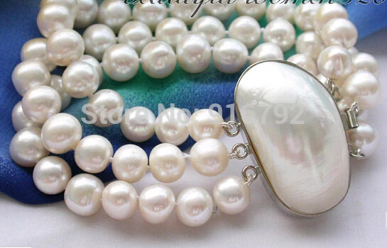 

free P&P >>>>>3row 10mm white round freshwater pearl bracelet mabe