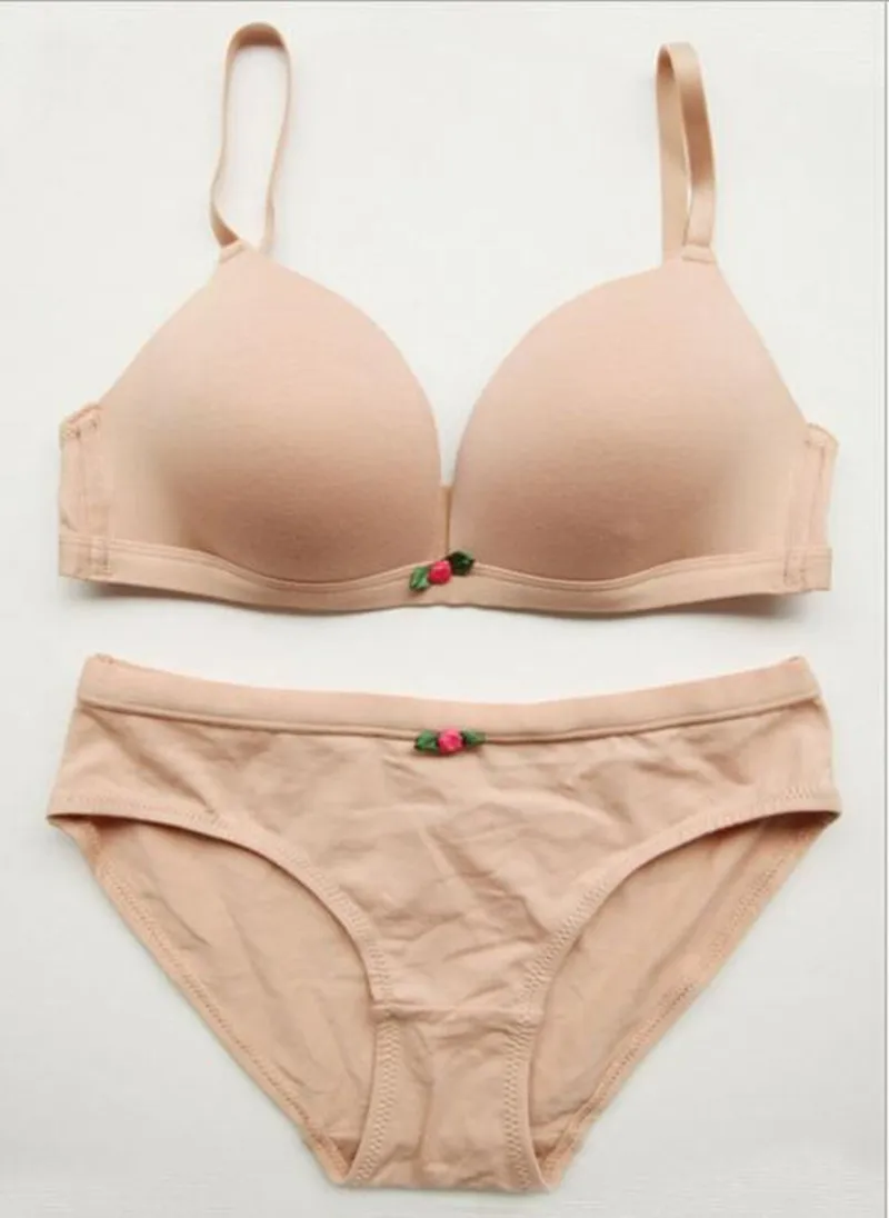 Women Cotton Elegant Bra Set Simple Wire Free Pure Comfortable Underwear Fresh Daily Wear Lingerie with Panties Brief Set