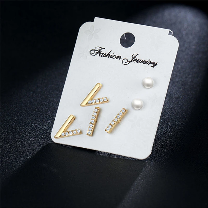 

Fashion Crystal Stud Earring Sets Mixed for Women Gold Silver Color Simulated Pearl Geometric V Shape Ear Statement Earrings