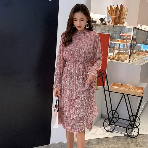Elegant Stand Collar Floral Print Women Dress Full Sleeve Elastic Slim Waist Chiffon Autumn A-line female Dress Elegant Stand Collar Floral Print Women Dress Full Sleeve Elastic Slim Waist Chiffon Autumn A-line female Dress