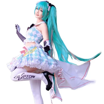 

Cute Vocaloid Miku Racing Outfit Dress Suit TOP +Skirt +Cap+Gloves+Stocking Uniform Women Cosplay Costume Halloween Part