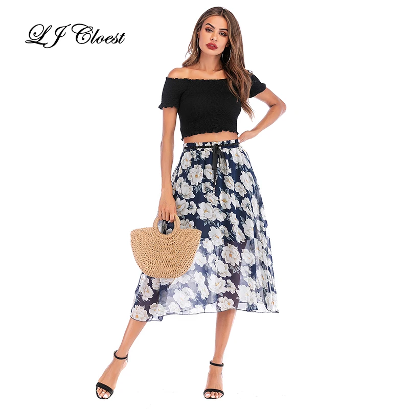 LJ Cloest Women Print Flower Skirts New Style Lady Summer Casual Floral Thin Loose Mid-Calf Beach Party Banquet Girl | Женская одежда