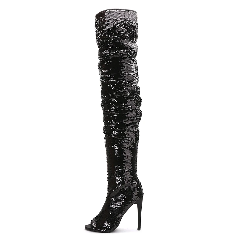 Потрясающие Популярные сапоги TIMETANG/новые женские высокие сапоги с блестящей звездой пикантные модельные женские ботфорты с открытым носком