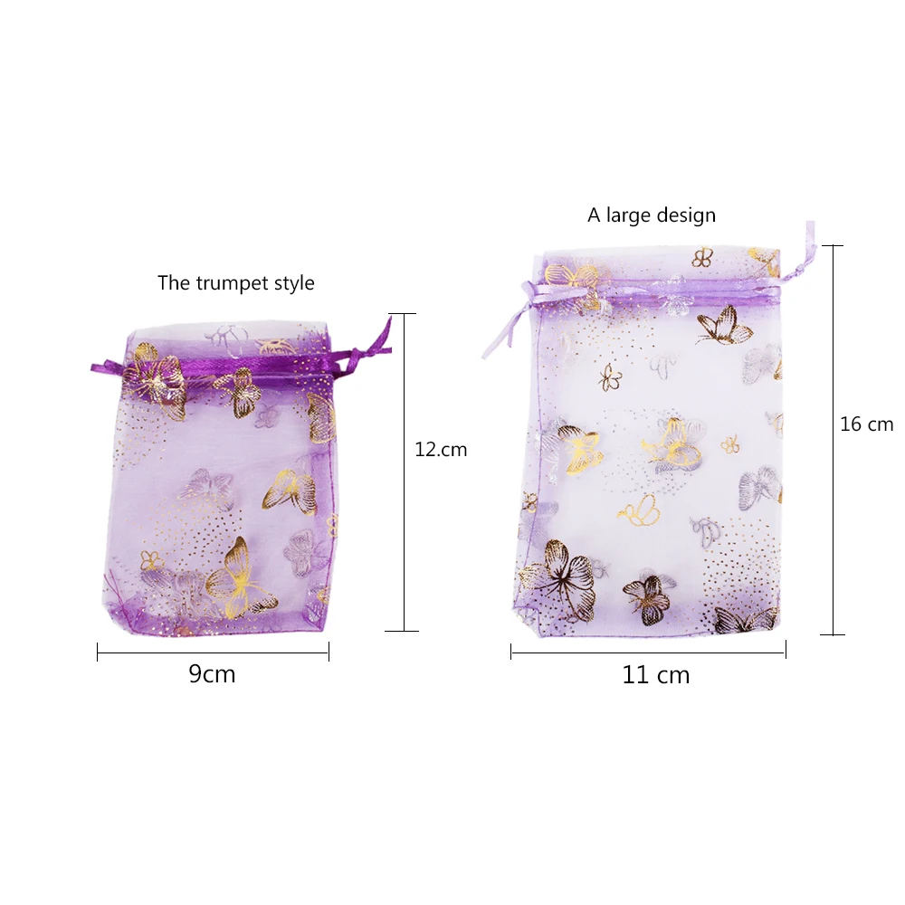 7 цветов 50 шт./лот подарочные сумки из органзы на завязках мешки для конфет ювелирных изделий упаковка с бабочкой 9x12 11x16 cm