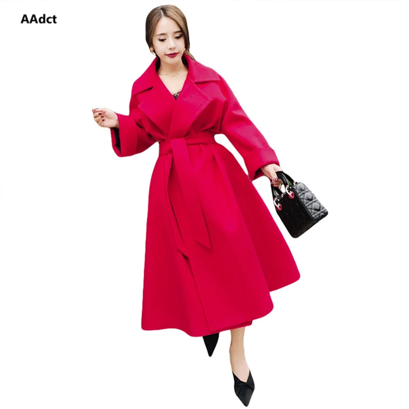 AAdct 2018 Autumn and winter new Korean women's coat long lapels female blends coat waist waist coat to send belt Coats