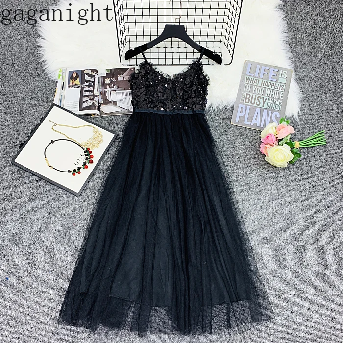 

Gaganight 2019 Summer Fashion Spaghetti Strap Evening Party Dress Sleeveless Mesh Sequin Maxi Dress Ladies Elegant Retro Dresses