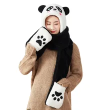 High Quality Ladies Panda Cartoon Warm Fluffy Hood Scarf Hat Snood Pocket Hats Gloves Ears Gloves Women Touch Screen Gift Nove19