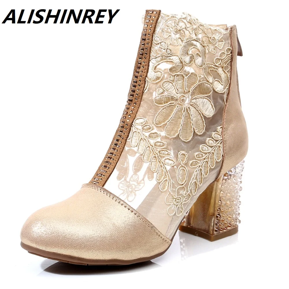 

ALISHINREY New Summer Boots Women Genuine Leather Hollow Lace High heel Shoes Round Toe Sexy Fashion Women Shoes