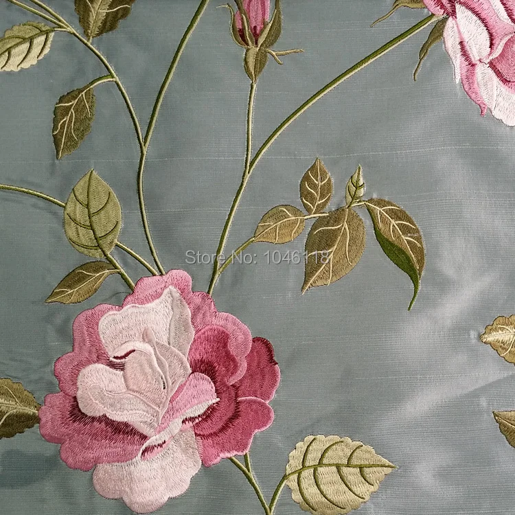 

Deluxe Silk Polyester Blend Embroidery Floral Aquamarine Silky Fabric Curtain Pillow Decorative Cloth 55inch wide Sell by meters