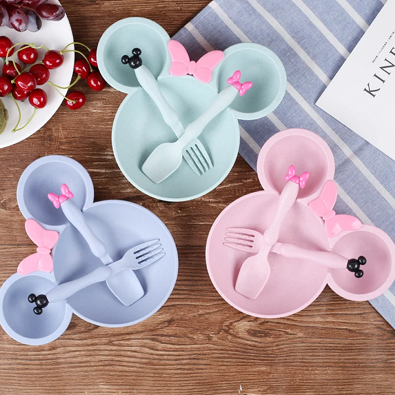

Wheat Fiber Cartoon Mouse Bowl Colorful Kids Cutlery Christmas Dinnerware Children Plates Rice Bowl With Grid Lunch Box 3pcs/set
