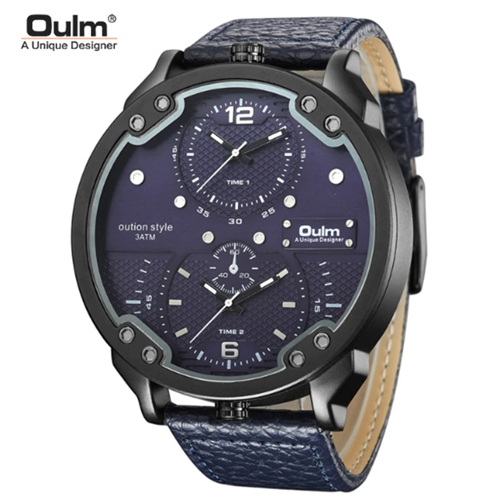 

Oulm Big Watches for Men Multiple Time Zone Sport Quartz Clock Male Casual Leather Two Design Luxury Brand Men's Wriswatch 3548m