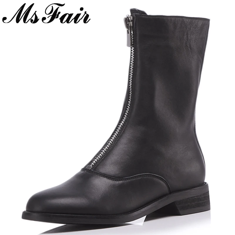 

MSFAIR Round Toe Square heel Women Boot Fashion Metal Zipper Med Heel Ankle Boots Women Shoes Winter Genuine Leather Boots Women
