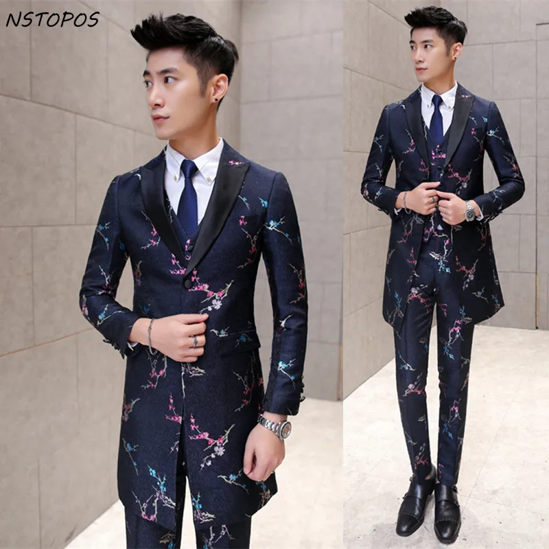 Long Men flower Suit Black White Floral Suit Men Wedding Groom Men ...