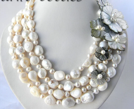 A 4Strands 18'' 13mm White Round Baroque Freshwater Pearl Shell Flower Necklace