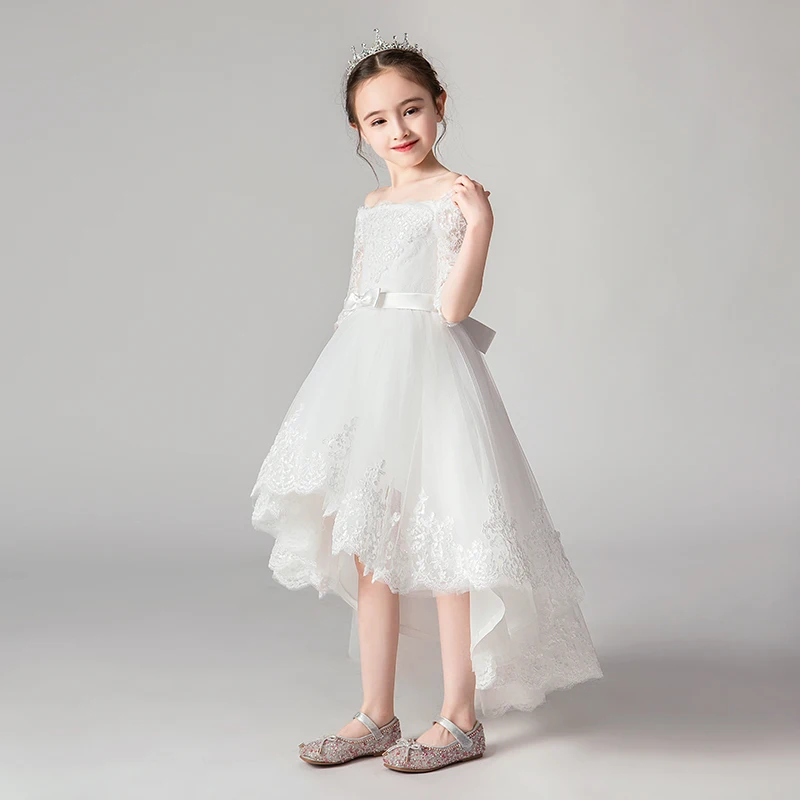 JaneVini очаровательный белый высокий низкий Платье в цветочек для девочек 2019 кружевной вырез лодочкой Аппликации принцессы праздничные