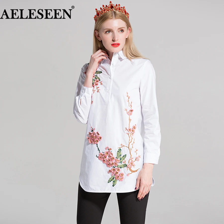 AELESEEN OL Ladies White / Black Runway Blouses 2018 Summer Fashion Beading Embroidery Turn down collar Black 3D Office Blouse