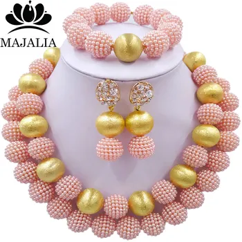 

Majalia Charming Nigerian Wedding African Pearl Jewelery Set Peach Crystal Plastic Pearl Necklace Bride Jewelry Set 2LS014
