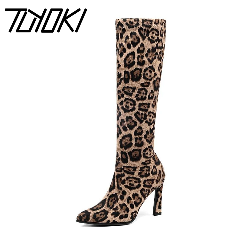 

Tuyoki Women Knee Boots New Fashion Leopard Winter Shoes Women Party Street Lady Stretch Boots Long Footwear Size 34-43