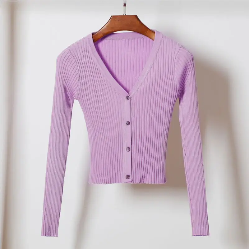 Весна-осень, Женский вязаный укороченный свитер с v-образным вырезом и длинным рукавом, кардиганы, женская трикотажная короткая эластичная верхняя одежда, пальто, Топ для женщин - Цвет: purple