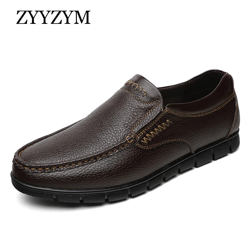 

ZYYZYM Shoes Men Genuine Leather Spring Autumn Slip-On Men Leather Casual Shoes Hand Sewing Breathable Light Men Doug Shoes