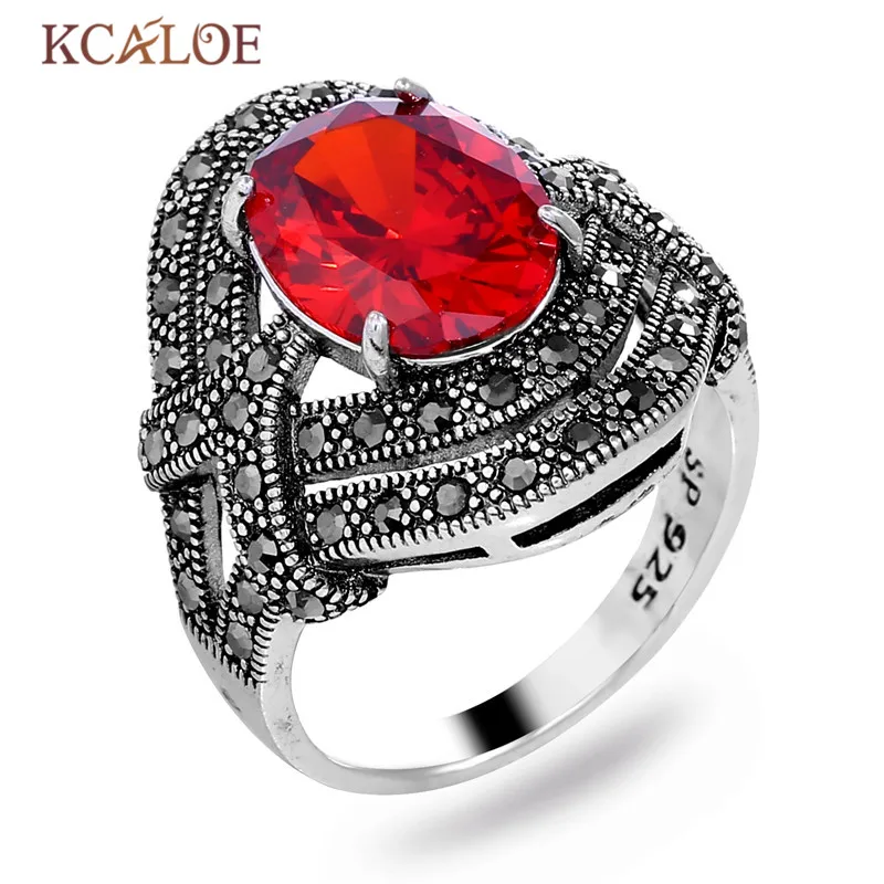 KCALOE Винтаж Красный Кристалл Кольца для Для женщин S925 серебристый, Черный со стразами большой женские кольца Свадебная вечеринка Jewelry Bagues Pour