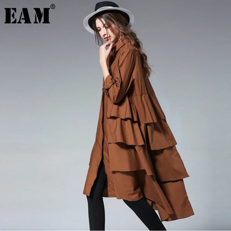 

[EAM] 2020 New Spring Lapel Long Sleeve Black Layers Irregular Hem Ruffles Split Joint Loose Big Size Dress Women Tide S01101XL