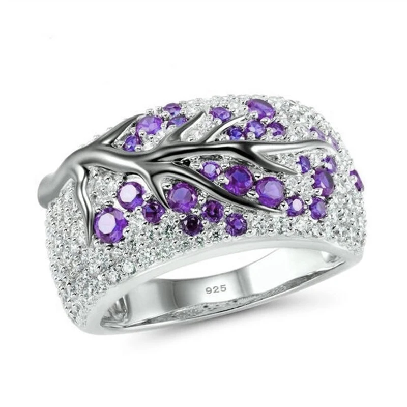 

Vintage Plum Tree Flower Blossom Paved Red Pink Blue Purple Rhinestones CZ Ring 2019 New Bohemia Cute Banquet Trend Jewelry