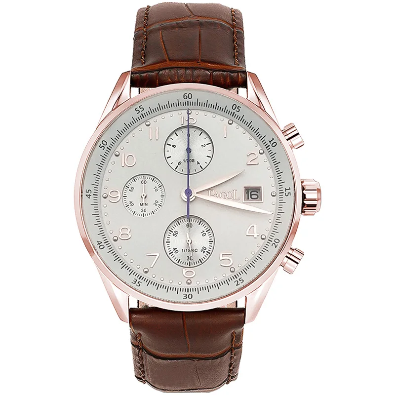 

PAGOL Men's Stainless Steel and Genuine Leather Strap Quartz Analog Chronograph Calendar Date Waterproof Wristwatch