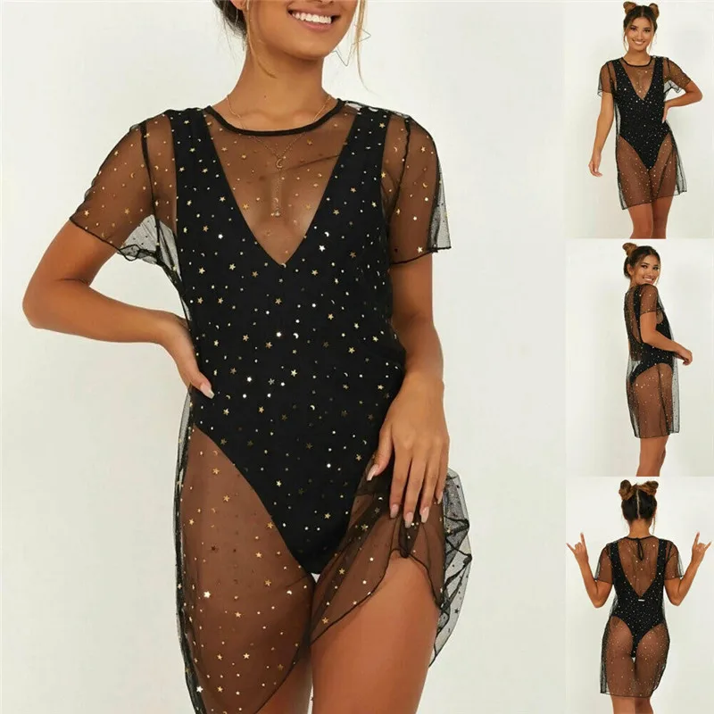 

Fashion Casual Slim Solid Women 1PC Swimwear Cover Up Sequined Mesh Dress Bikini Swimwear Swimsuit Beach Summer Clothes