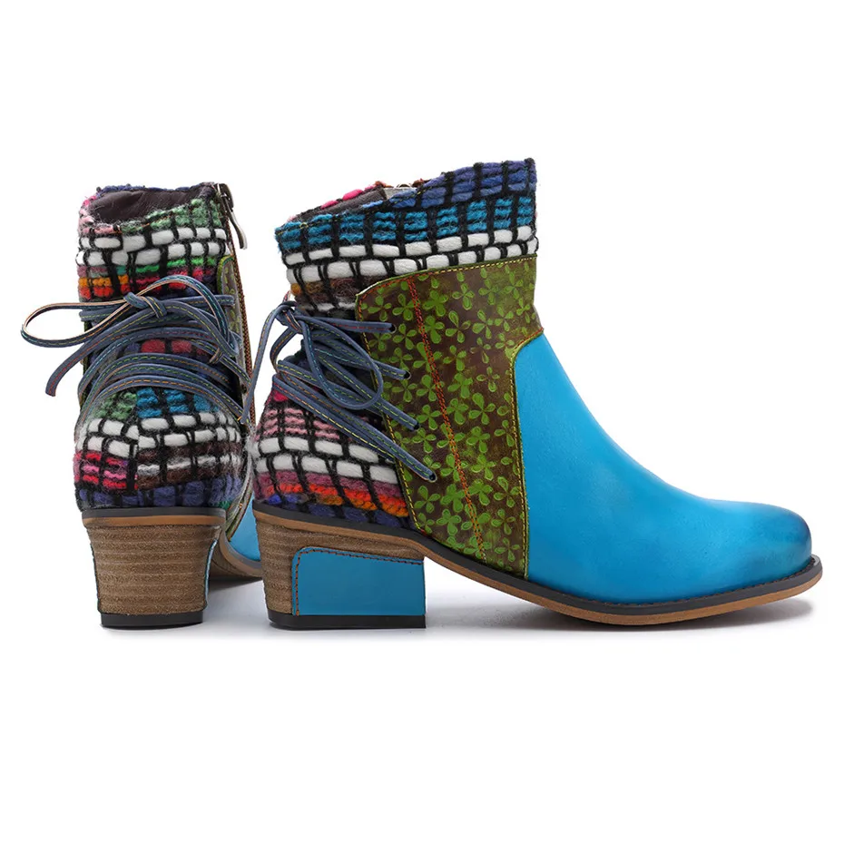 Retro Blue Ankle Boots For Women Spring Autumn Handmade Genuine Leather Shoes Woman Splicing Cowboy Western Boots Women Booties (17)
