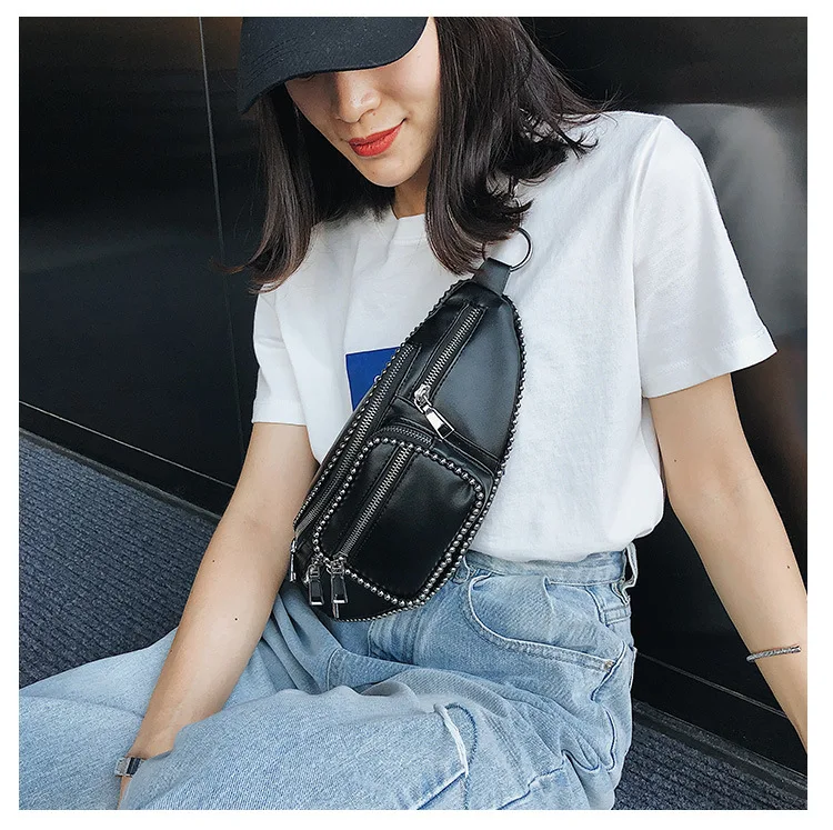 Punk Vintage Rivets Chest Bag Women Steampunk Fanny Pack Belt Black Waist Bag Moto Biker Shoulder Messenger Motorcycle Bag