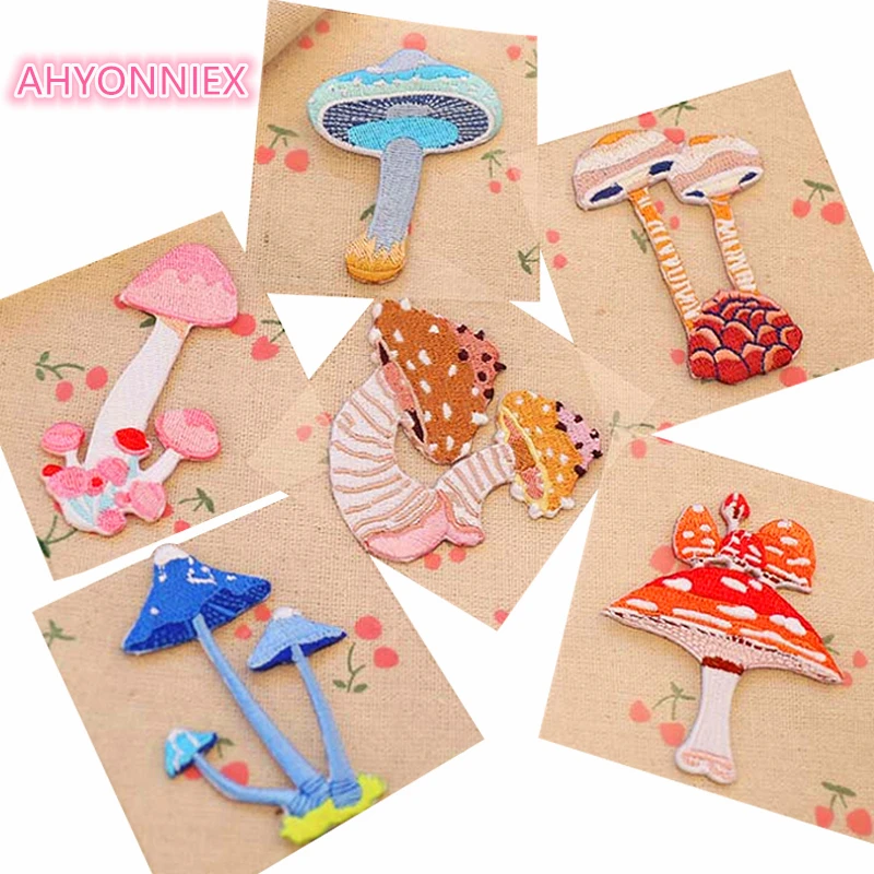 

AHYONNIEX 1 Piece Iron On Embroidery Patches Small mushroom Parches for Baby Clothing Applique Patch DIY Clothes Cute Stickers