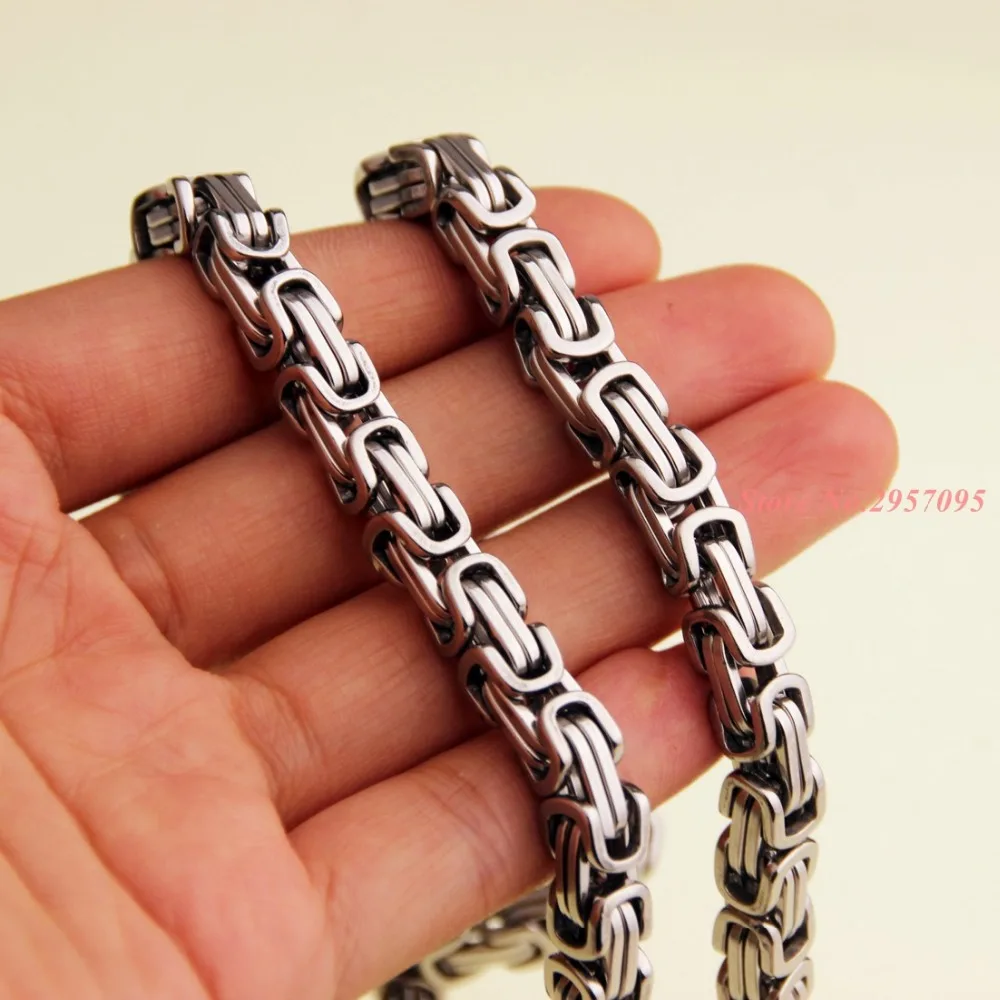 7/10mm Mens Chain Boy Necklace Silver Color Flat Byzantine Link
