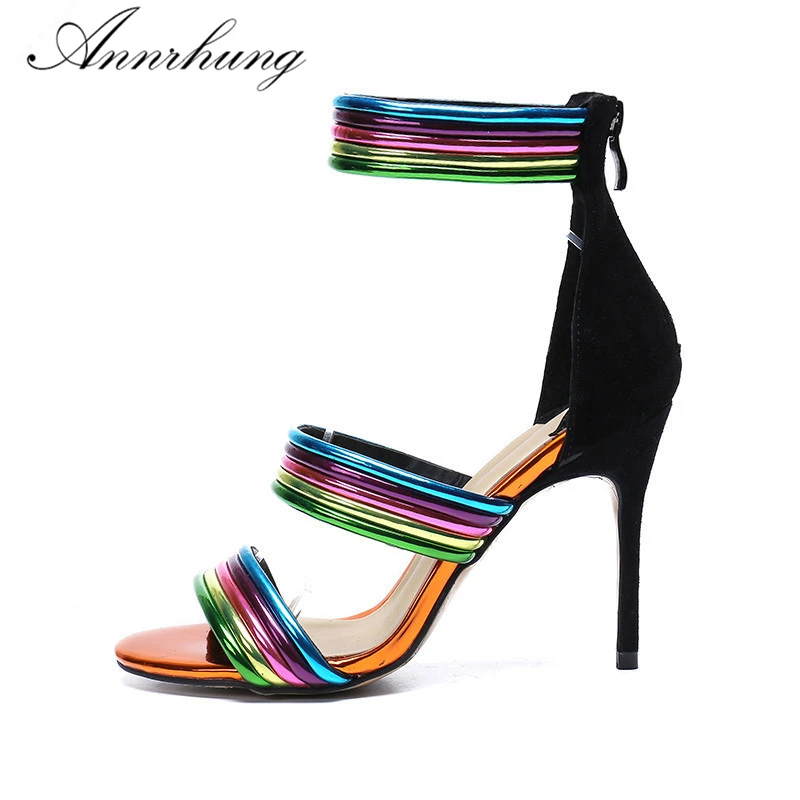 

2019 Latest Coming Rainbow Gladiator Sandalias Women Sexy Open Toe Back Zip Thin High Heels Unique Catwalk Sandals De Mujer