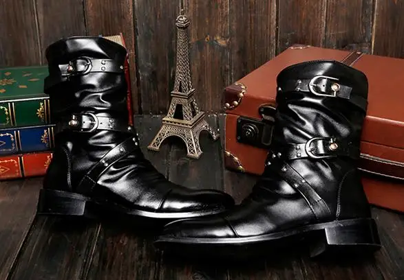Кожаные ботинки высокого качества; мужские Универсальные ботинки в байкерском стиле; мужские черные ботинки до середины икры в стиле панк-рок; Botas Hombre; размеры 38-44