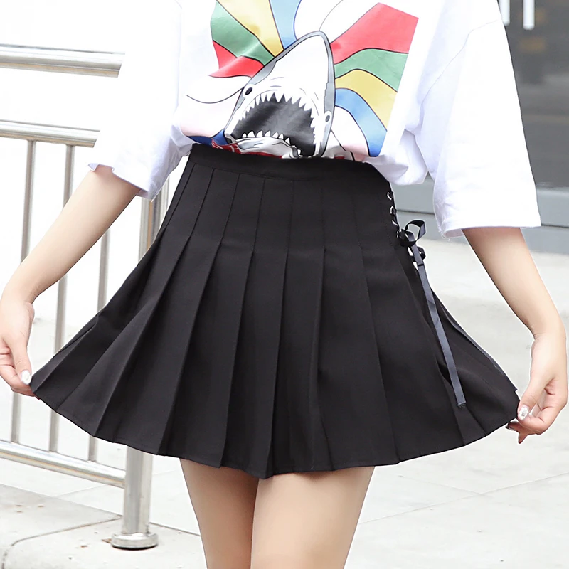 

Kpop High Waist Bow Lac-up Mini Skirt Women Summer Harajuku A-line Above Knee Skirts Shoolgirl Streetwear Tumblr