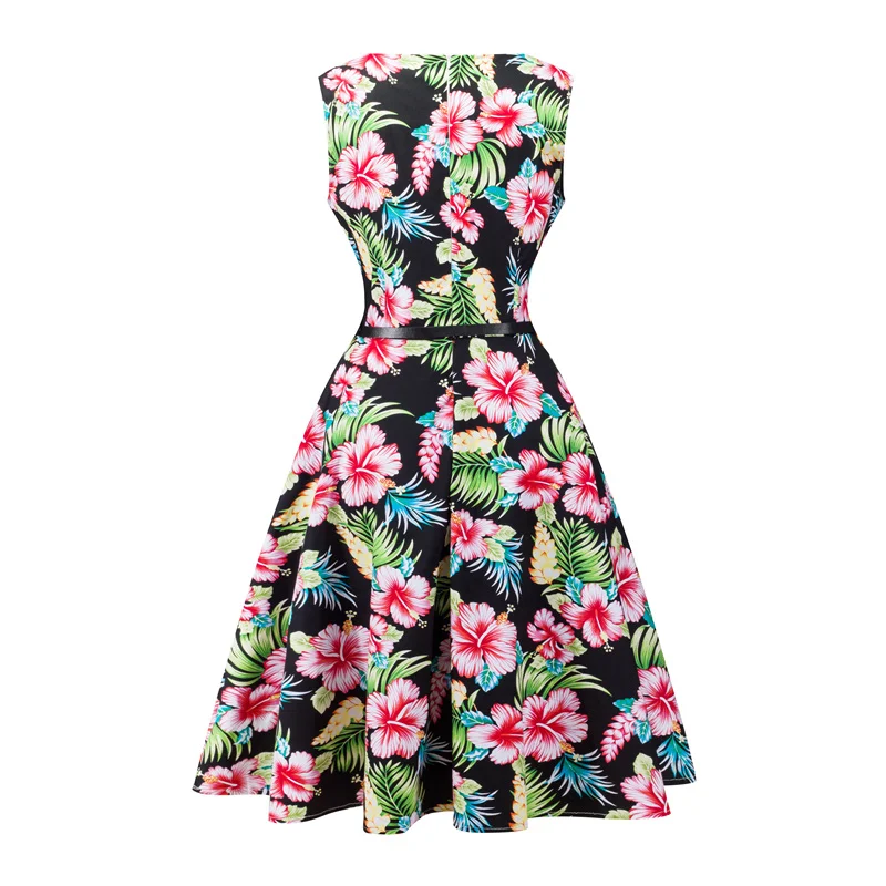 Kostlish 2017 New Summer Dress Women Floral Print Audrey Hepburn 50s 60s A-Line Vintage Dress Sleeveless Party Dresses Plus Size (59)