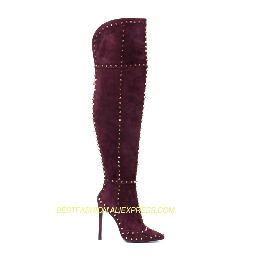 

2018 Hot Autumn Winter Cow Suede Boots Shoes Woman Sexy Studded Thigh High Boots Design High Heels Runway Party Mujer Boots T