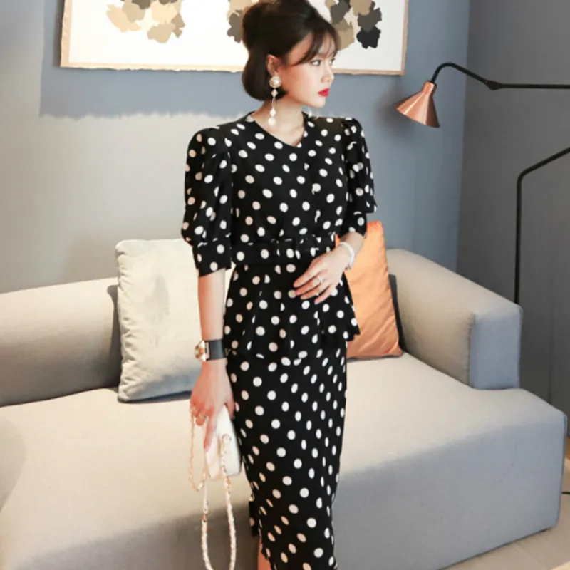 

Women Dot Print Office Suits Puff Sleeve Blouse Midi Pencil Skirt Two Piece Sets Belt Dress
