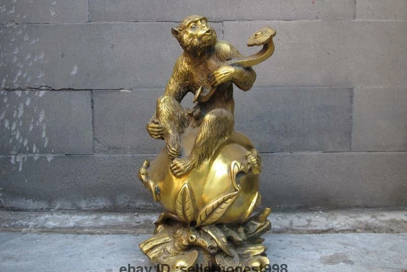 China Folk Feng Shui Brass RuYi YuanBao monkey Ride peach Auspicious Statue | Дом и сад