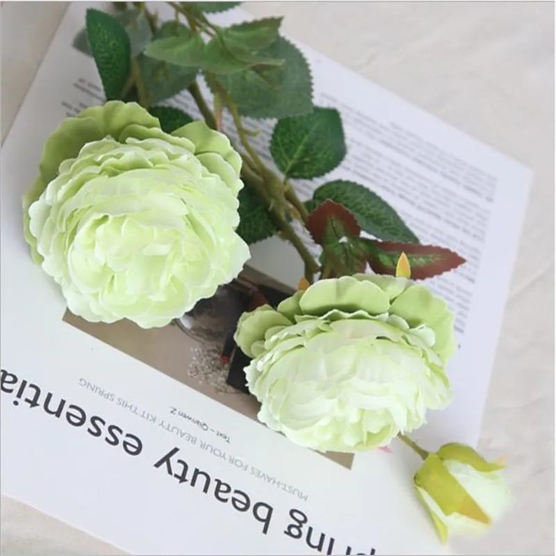 NieNie 3 головы искусственные розы свадебный букет из роз шелк Поддельные Peo y цветок для украшения дома Свадебная вечеринка Декор 61 см - Цвет: Green Rose