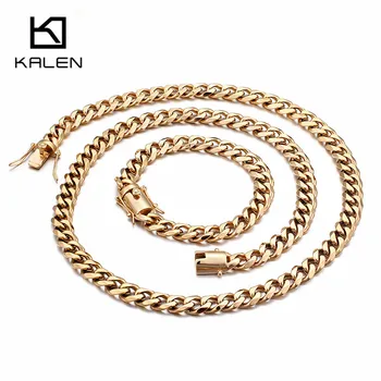 

KALEN Gold Stainless Steel Statement Jewelry Sets For Men Fashion 76cm Long Chain Necklaces & Link Chain Bracelets Jewelry Sets