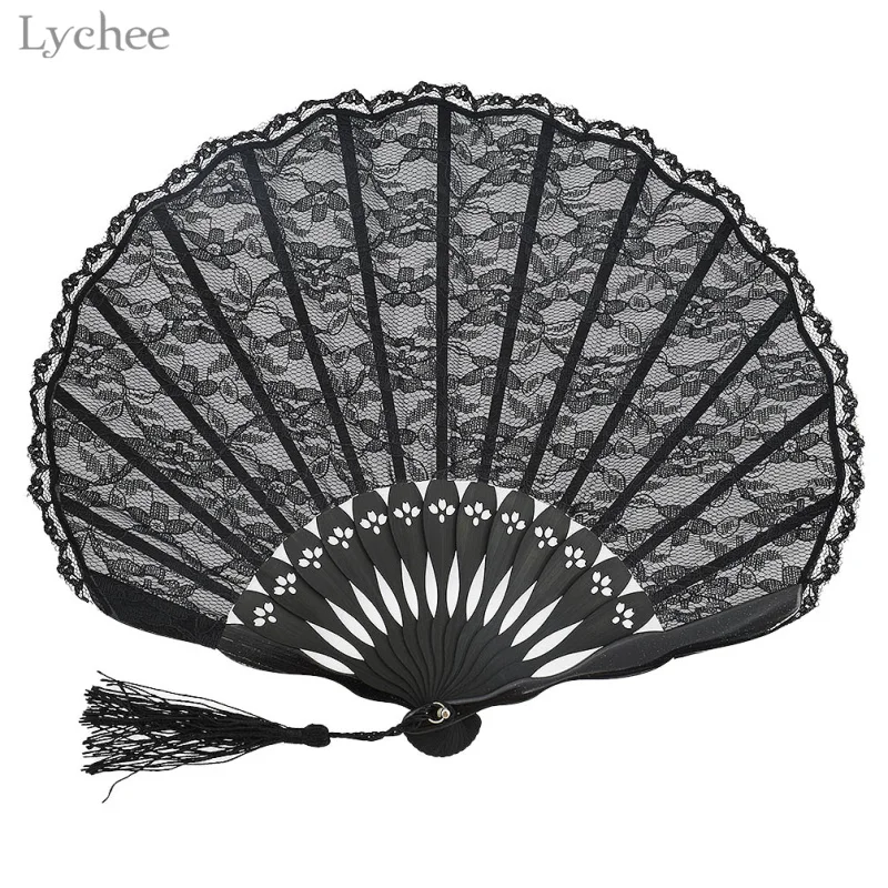 Lychee 1 шт. двойной кружевной край бамбуковая ручная Складная Веерная ткань